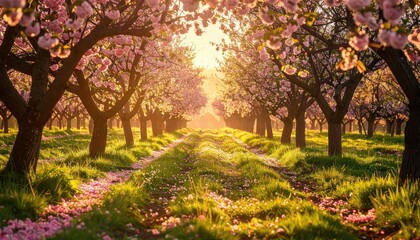 Naklejka premium Sunlit Orchard Pathway Lined with Blooming Pink Cherry Blossom Trees in Spring with Petals Scattered on Green Grass and Golden Sunlight Filtering Through Branches