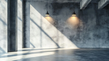 A minimalist, modern interior space with a concrete wall and a concrete floor. Sunlight streams through a window