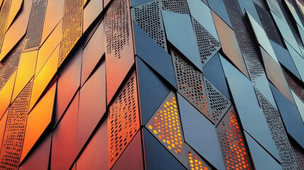 modern steel angular geometric cladding with colour tones and perforated patterned design