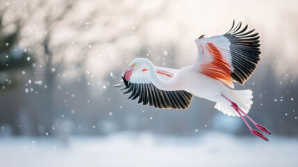 Obraz premium white flamingo flying with snow on blur background