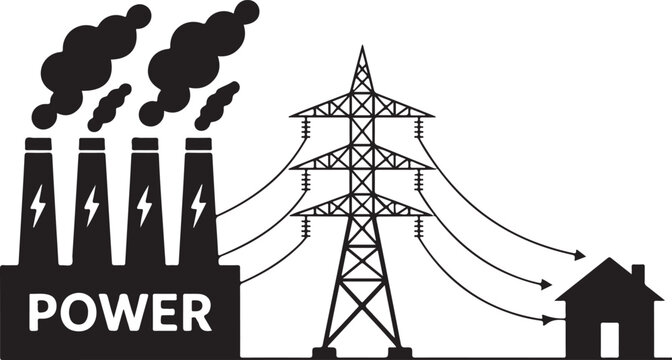 Power plant and electricity pylon vector electric power energy generation and transmission with industry facility and powerlines