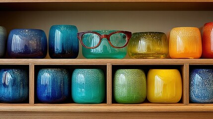 Colorful glass candle holders are arranged on a wooden shelf with eyeglasses.