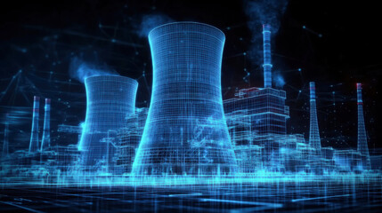 digital art rendering of the nuclear power plant with blue glowing accents