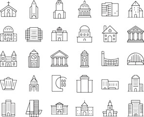 Fototapeta premium Line Art Buildings Vector Icons Set Architectural Icons Outlines of Structures Cityscapes and Famous Landmarks Linear Building