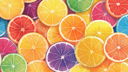 Colorful pattern of citrus fruit slices and mint leaves isolated on white background. Top view, flat lay