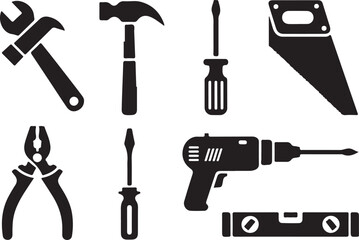 Set of hand tools for home improvement diy projects construction and repair including wrench hammer screwdriver drill and pliers for work