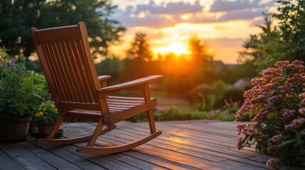 Obraz premium Wooden rocking chair on porch at sunset