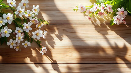 top view, light wood table with fresh spring flowers