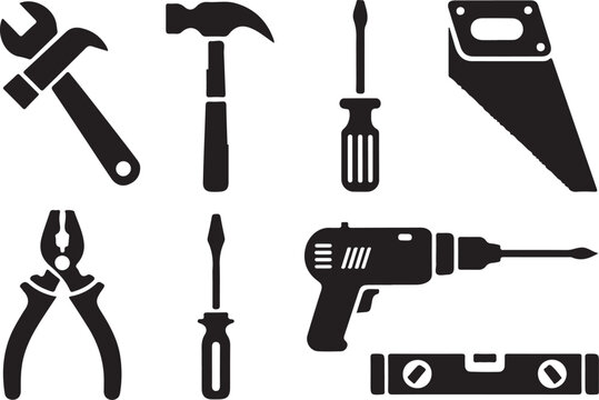 Set of hand tools for home improvement diy projects construction and repair including wrench hammer screwdriver drill and pliers for work - Powered by Adobe