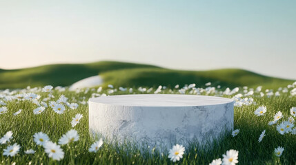 podium backdrop with natural floral field for advertising product presentation