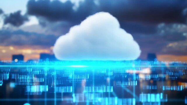Cloud Technology: Illustrative representation of cloud computing and data storage, with a glowing digital city forming the foundation for a fluffy cloud