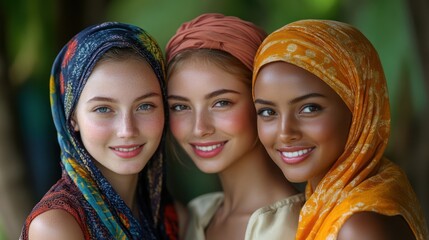 Fototapeta premium Three women smiling outdoors, diverse headscarves, natural beauty, portrait