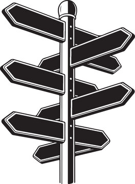 Multiple way sign with many blank directional arrows in monotone vector illustration, perfect for travel destination concept with transparent background