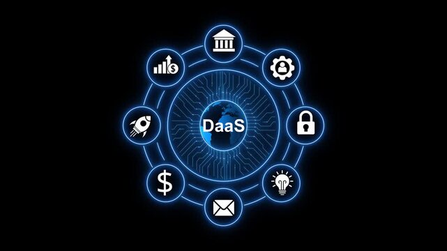 Daa S cloud computing concept with icons representing business growth security and innovation on a dark background