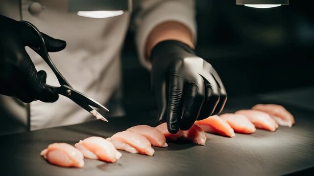 Chef in black gloves trimming chicken breast with scissors in kitchen