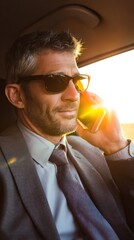 Executive on Phone in Car at Sunset