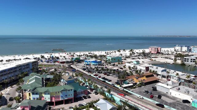 Rising up, above downtown Fort Myers Beach along the Gulf of Mexico on Estero Island, southwest Florida in Lee County	