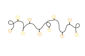Festive string lights garland with illuminated star and heart shapes, adding a charming decorative touch. Transparent background