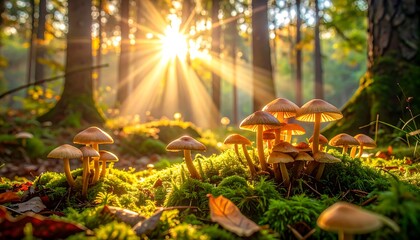 Sunlight through forest floor mushrooms