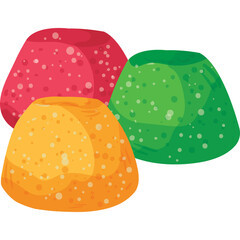 Three translucent gummy candies in vibrant red yellow and green colors arranged closely together on a clean isolated white background studio shot