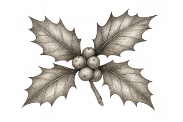 Holly leaves and berries christmas drawing, hand drawn vintage style winter holiday plant illustration with transparent background