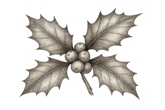 Holly leaves and berries christmas drawing, hand drawn vintage style winter holiday plant illustration with transparent background