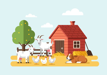 Cartoon farm scene with goats chickens a dog a red barn and a tree