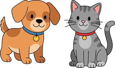 Cute cartoon dog and cat illustration, adorable pets with happy expressions, friendship and love concept, vector design for children, pet care, and education projects