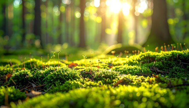 Sunlit forest floor moss