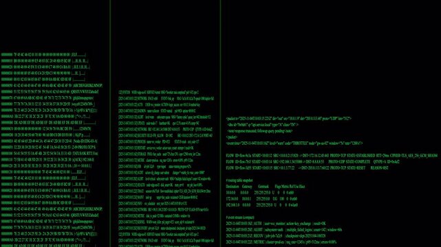 Scrolling Green Code Hacker Terminal Interface Loop with Hex Dumps and System Logs