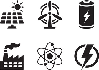 Fototapeta premium Renewable Energy Icons Featuring Solar Panel Wind Turbine Battery Nuclear Atom and Lightning in Black Silhouette Style for Green Solution