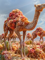 Floral Camels in Desert Landscape