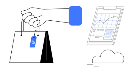 Hand holding shopping bag with discount tag, analytics clipboard chart, and cloud. Ideal for e-commerce, sales, marketing, business growth, retail trends, data analysis simple flat metaphor