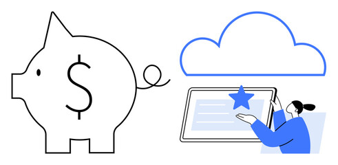 Piggy bank with dollar sign, cloud icon, and person interacting with tablet. Ideal for finance, cloud computing, data storage, savings, technology investment digital platforms. Simple flat metaphor