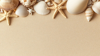 Top view of a sandy beach with collection of exotic seashells and starfish