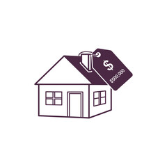 Simple house with price tag indicates real estate value of 500000, representing the cost of home ownership in a competitive market.