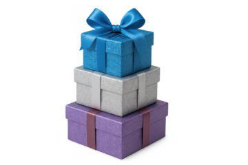 Stack of colorful gift boxes with ribbons and bows, symbolizing celebration, surprise, and giving, isolated on transparent background