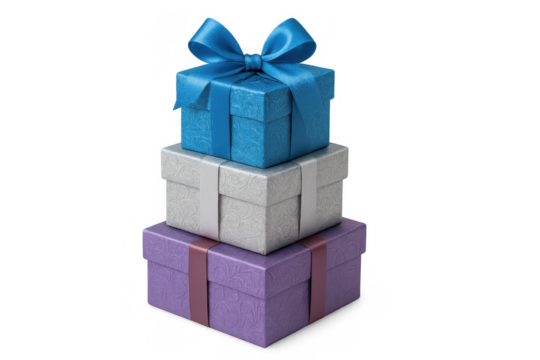Stack of colorful gift boxes with ribbons and bows, symbolizing celebration, surprise, and giving, isolated on transparent background