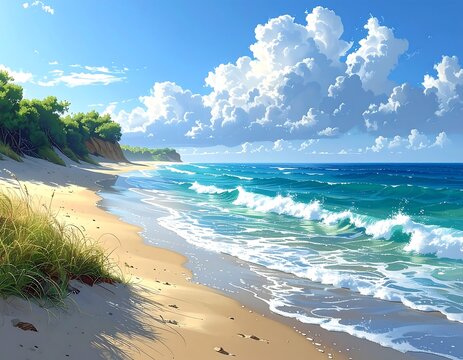 Sunny beach, waves rolling in, blue sky with fluffy clouds