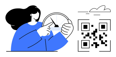 Woman turning gauge while scanning QR code, symbolizing control, technology, and data. Ideal for digital transformation, analytics, connectivity, optimization, control cloud and modern tools