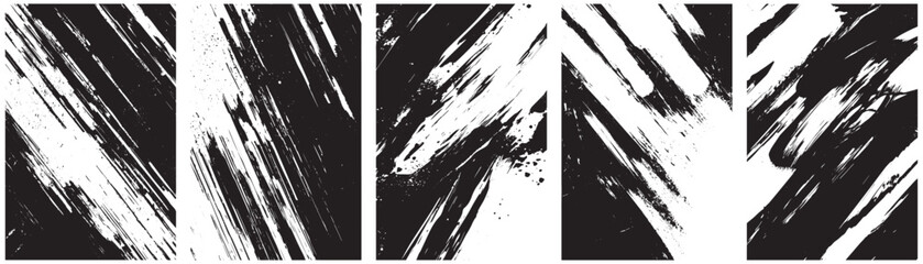 Intense Diagonal Grunge Brush Strokes, Abstract Black and White Texture Set with Splatter and Scratch Effects