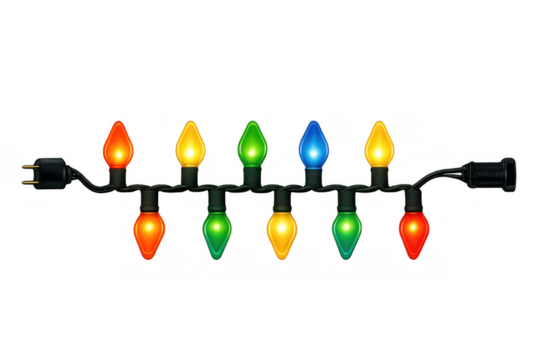 Christmas string lights illuminating with colorful bulbs, creating a festive holiday garland decoration. Transparent background