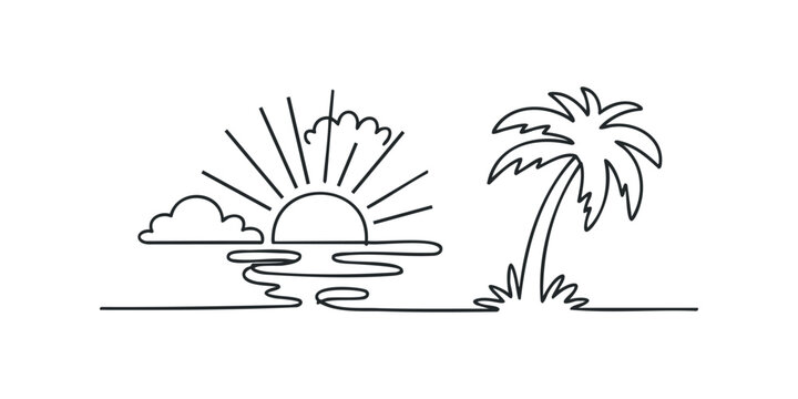 Minimalist palm tree and sun outline over water