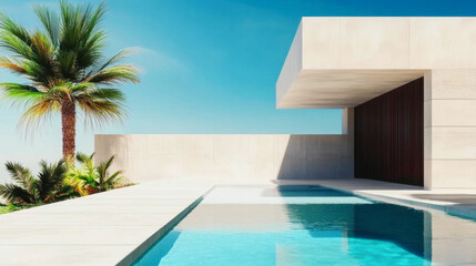 Fototapeta premium new concrete house in modern style with pool and parking for sale or rent and beautiful landscaping on background