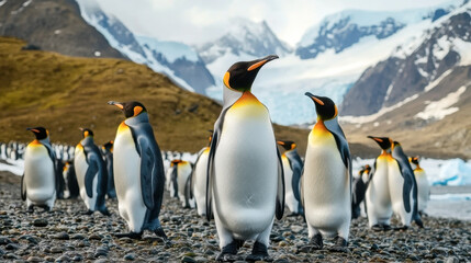 Group of King Penguins standing in front of mountain background