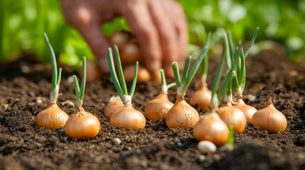 Man hands planting seeds of shallots into the ground