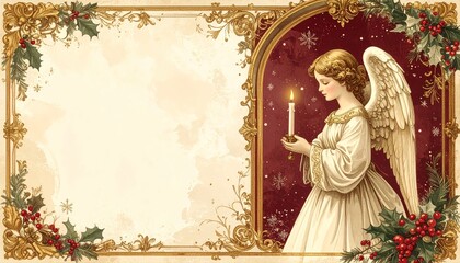 Vintage Victorian Christmas card illustration of angel holding candle in golden floral frame