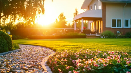 Pathways with green lawns, Landscaping in the garden,Top view of curve walkway on green grass field