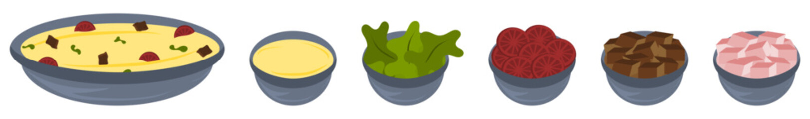 Isolated vector cartoonish food dishes with ingredients  for soup and gravy curry