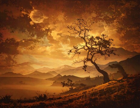 Sunrise over a misty mountain range with a lone tree - Powered by Adobe